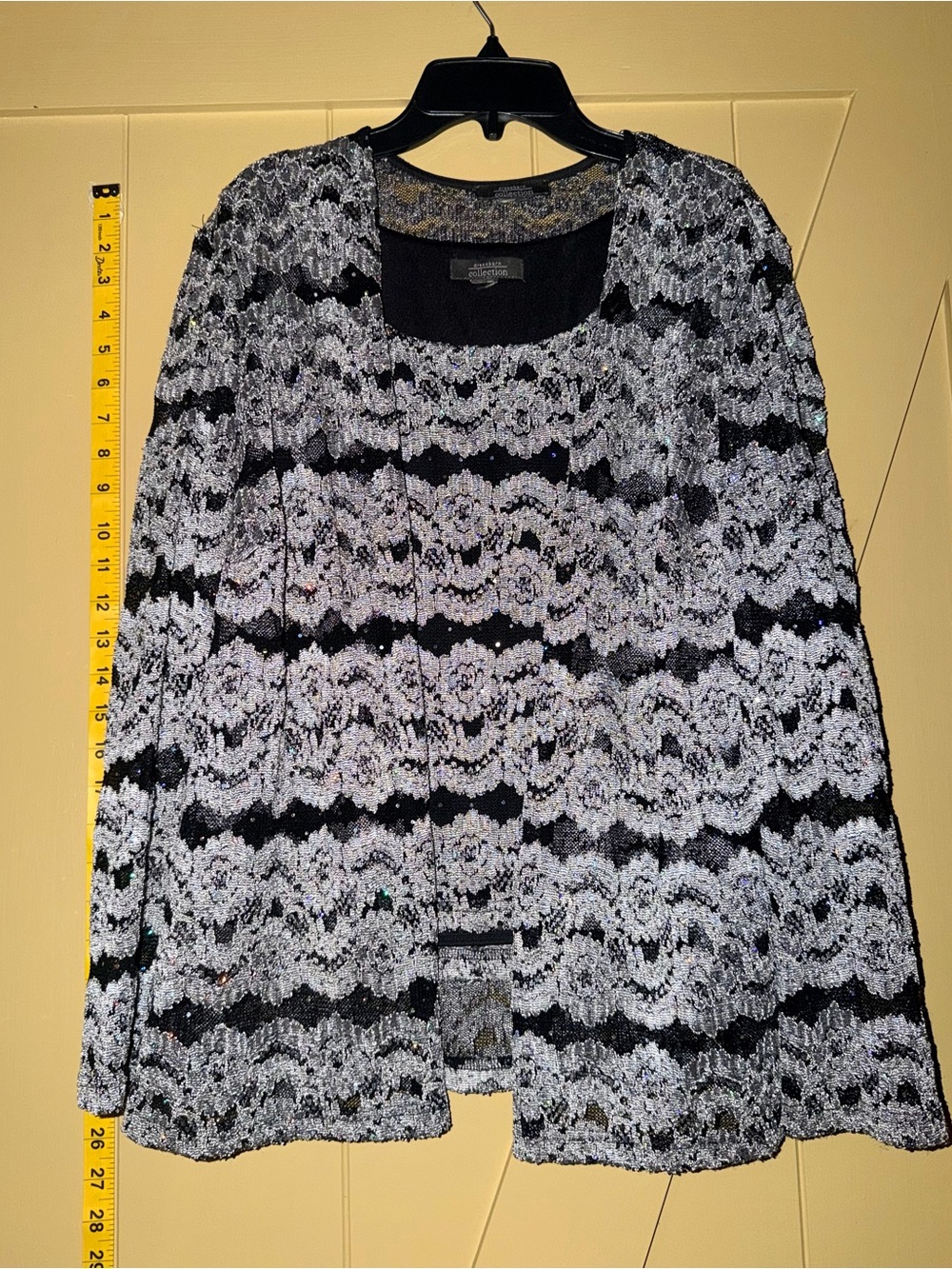 Dress Barn Black and Gray Lace-Pattern Open Cardigan